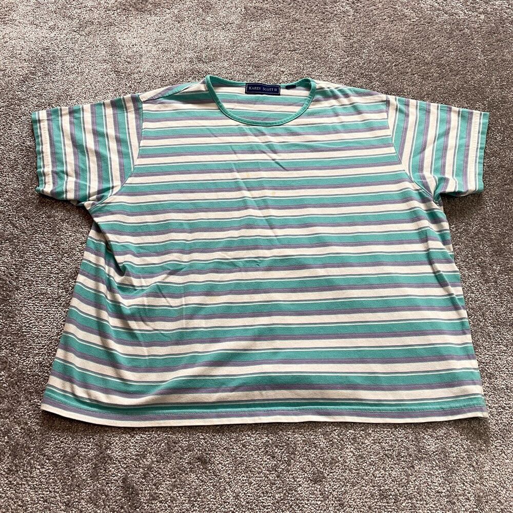 Karen Scott II Shirt Womens Plus 3X Blue Striped Short Sleeve Round Neck Top Tee